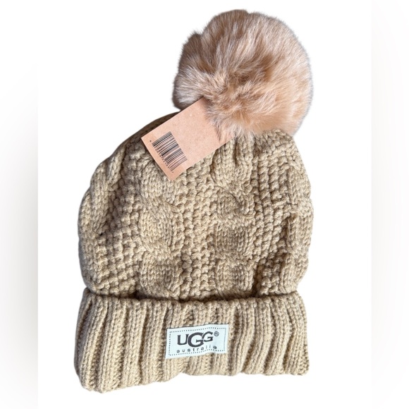 UGG Accessories - UGG Tan Knit Beanie Toboggan with Pom Pom fleece lined NWT